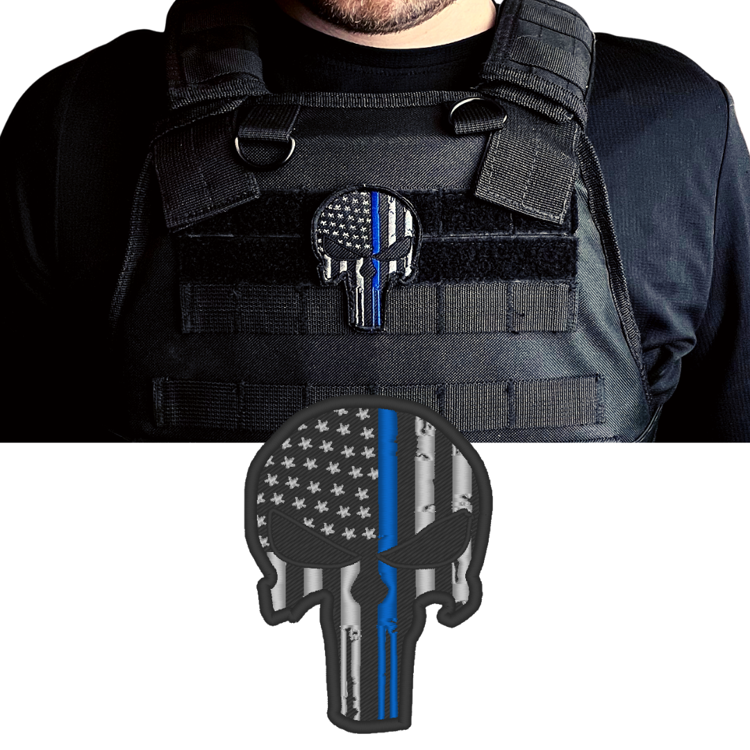 Thin Blue Line Punisher Skull Embroidered Patch – American